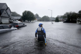 A member of the North Carolina Task Force urban search and rescue team wades through a flooded neighborhood looking for residents who stayed behind as Florence continues to dump heavy rain in Fayetteville, N.C., Sunday, Sept. 16, 2018. (AP Photo/David Goldman)