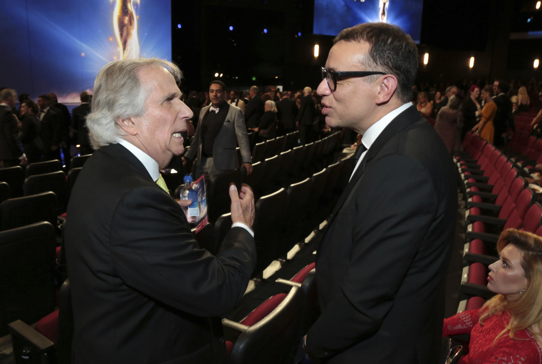 IMAGE DISTRIBUTED FOR THE TELEVISION ACADEMY - Henry Winkler and Fred Armisen at the 70th Primetime Emmy Awards on Monday, Sept. 17, 2018, at the Microsoft Theater in Los Angeles. (Photo by Alex Berliner/Invision for the Television Academy/AP Images)