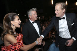 IMAGE DISTRIBUTED FOR THE TELEVISION ACADEMY - Hilaria Baldwin, Alec Baldwin and Jeff Daniels at the 70th Primetime Emmy Awards on Monday, Sept. 17, 2018, at the Microsoft Theater in Los Angeles. (Photo by Alex Berliner/Invision for the Television Academy/AP Images)