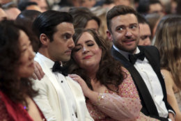 IMAGE DISTRIBUTED FOR THE TELEVISION ACADEMY - Milo Ventimiglia, Aidy Bryant and Justin Timberlake at the 70th Primetime Emmy Awards on Monday, Sept. 17, 2018, at the Microsoft Theater in Los Angeles. (Photo by Alex Berliner/Invision for the Television Academy/AP Images)