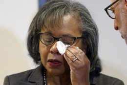 Anita Hill wipes her eye after speaking at the University of Utah on Wednesday, Sept. 26, 2018, in Salt Lake City. Hill has been back in the spotlight since Christine Blasey Ford accused Supreme Court nominee Brett Kavanaugh of sexually assaulting her when the two were in high school. Hill's 1991 testimony against Clarence Thomas riveted the nation. Thomas was confirmed anyway, but the hearing ushered in a new awareness of sexual harassment. (AP Photo/Rick Bowmer)