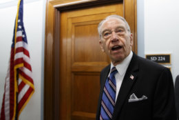 Senate Judiciary Committee chairman Chuck Grassley, R-Iowa, pauses to speak to reporters as he arrives for the Senate Judiciary hearing on Capitol Hill in Washington, Thursday, Sept. 27, 2018, with Christine Blasey Ford and Supreme Court nominee Brett Kavanaugh. (AP Photo/Carolyn Kaster)