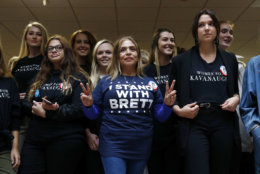Supporters of Supreme Court nominee Brett Kavanaugh gather inside the Hart Senate Office Building on Capitol Hill in Washington, Thursday, Sept. 27, 2018. The Senate Judiciary Committee is hearing from Christine Blasey Ford, the woman who says Kavanaugh sexually assaulted her. (AP Photo/Patrick Semansky)