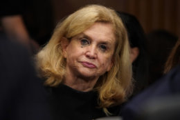 Rep. Carolyn Maloney, D-N.Y., cries as Christine Blasey Ford testifies before the Senate Judiciary Committee on Capitol Hill in Washington, Thursday, Sept. 27, 2018. (AP Photo/Andrew Harnik, Pool)