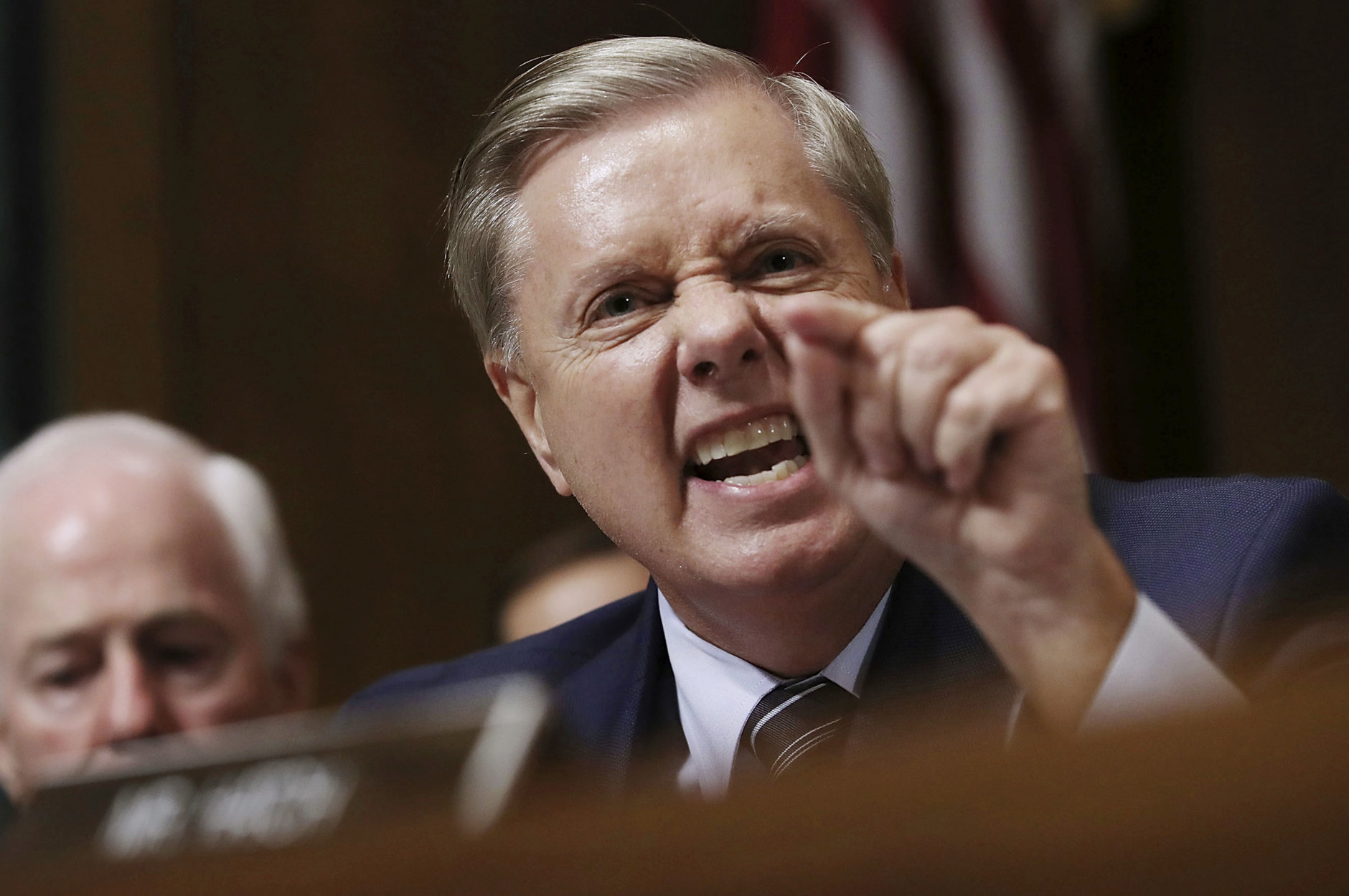 Sen. Lindsey Graham, R-S.C., makes a point during a hearing with Supreme Court nominee Judge Brett Kavanaugh during his Senate Justice Committee hearing, Thursday, Sept. 27, 2018 in Washington. (Win McNamee/Pool Image via AP)
