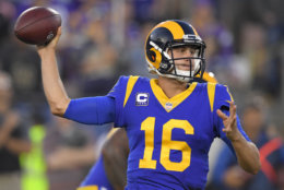 Los Angeles Rams quarterback Jared Goff passes against the Minnesota Vikings during the first half in an NFL football game Thursday, Sept. 27, 2018, in Los Angeles. (AP Photo/Mark J. Terrill)