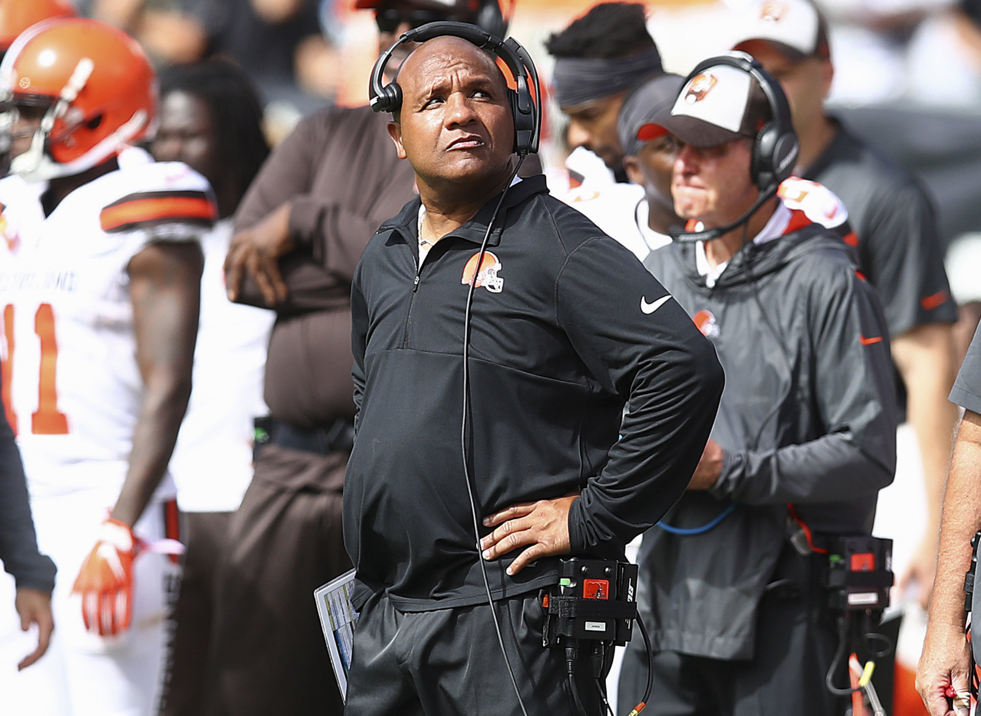 Cleveland Browns head coach Hue Jackson watches from the sideline during the first half of an NFL football game against the Oakland Raiders in Oakland, Calif., Sunday, Sept. 30, 2018. (AP Photo/Ben Margot)