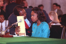 University of Oklahoma law professor Anita Hill receives councel from Charles Ogeltree while testifying before the Senate Judiciary Committee on Capitol Hill in Washington, D.C., Friday, Oct. 11, 1991.  (AP Photo/Greg Gibson)