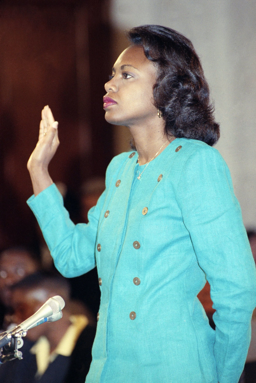 University of Oklahoma law professor Anita Hill is sworn in, in the Caucus Room before testifying before the Senate Judiciary Committee on Capitol Hill in Washington, Oct. 11, 1991. Hill's explosive allegations included graphic language and were carried live by many media outlets throughout the nation. (AP Photo/Greg Gibson)