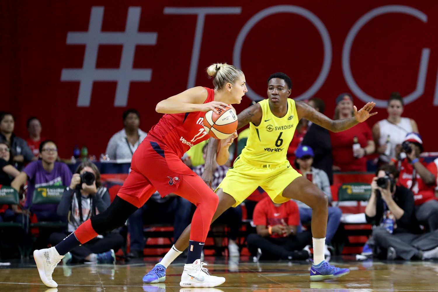 FAIRFAX, VA - SEPTEMBER 12: Elena Delle Donne #11 of the Washington Mystics drives to the basket against Natasha Howard #6 of the Seattle Storm in the first half during game three of the WNBA Finals at EagleBank Arena on September 12, 2018 in Fairfax, Virginia. (Photo by Rob Carr/Getty Images)