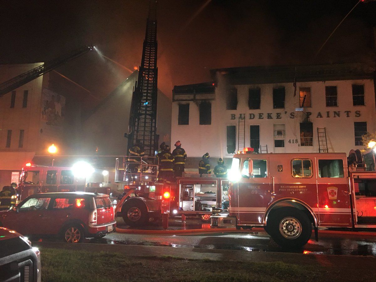 The Baltimore City Fire Department responded to Budeke's Paints on the 400 block of South Broadway around 3 a.m. The blaze escalated from a three-alarm fire to a four-alarm incident.  (Courtesy Baltimore Fire) 