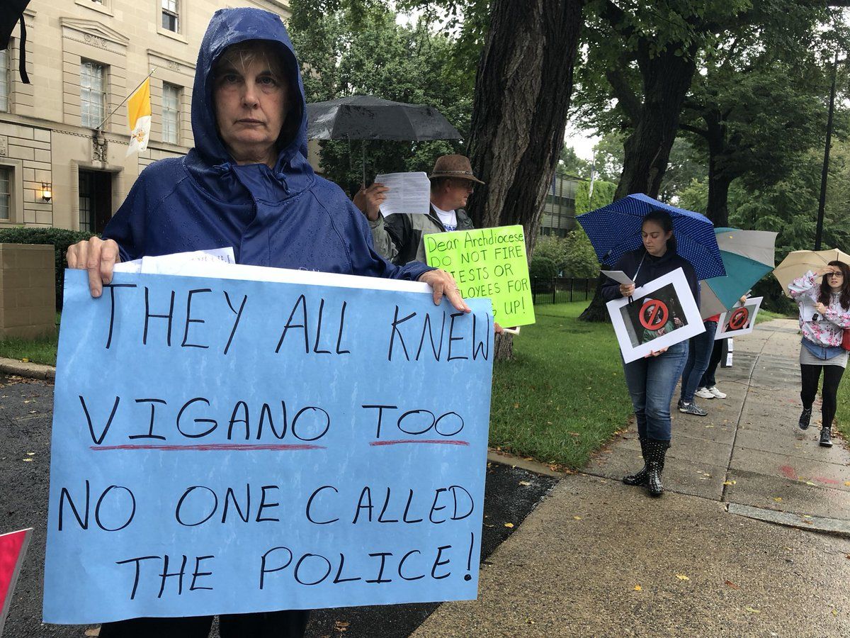 Protesters outside the Apostolic Nunciature in DC demanding Leaders in the Catholic Church resign amid sexual abuse allegations. Protests taking place across the nation Sunday. (WTOP/Melissa Howell)