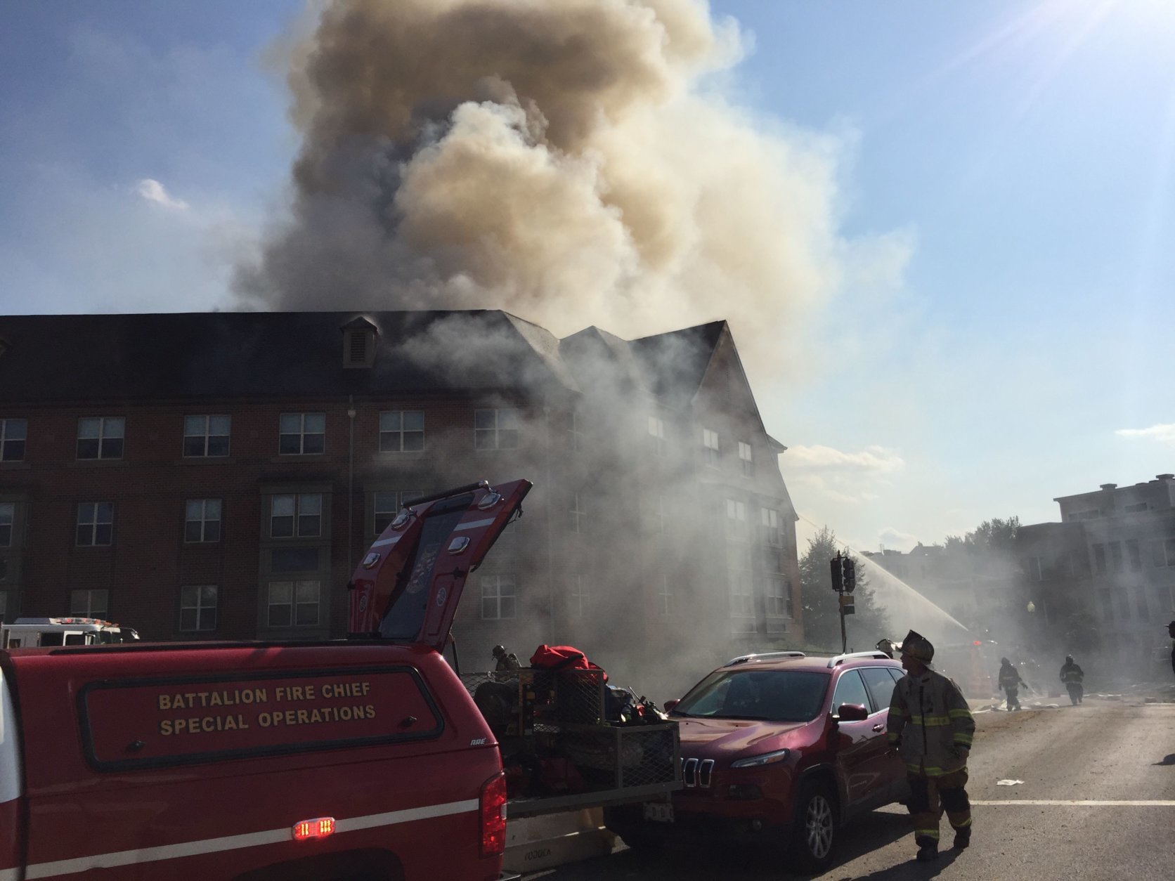 Multiple fire companies battle a two-alarm fire in a five-story apartment building in Southeast D.C. that houses senior citizens. (Courtesy Nicky Sundt)