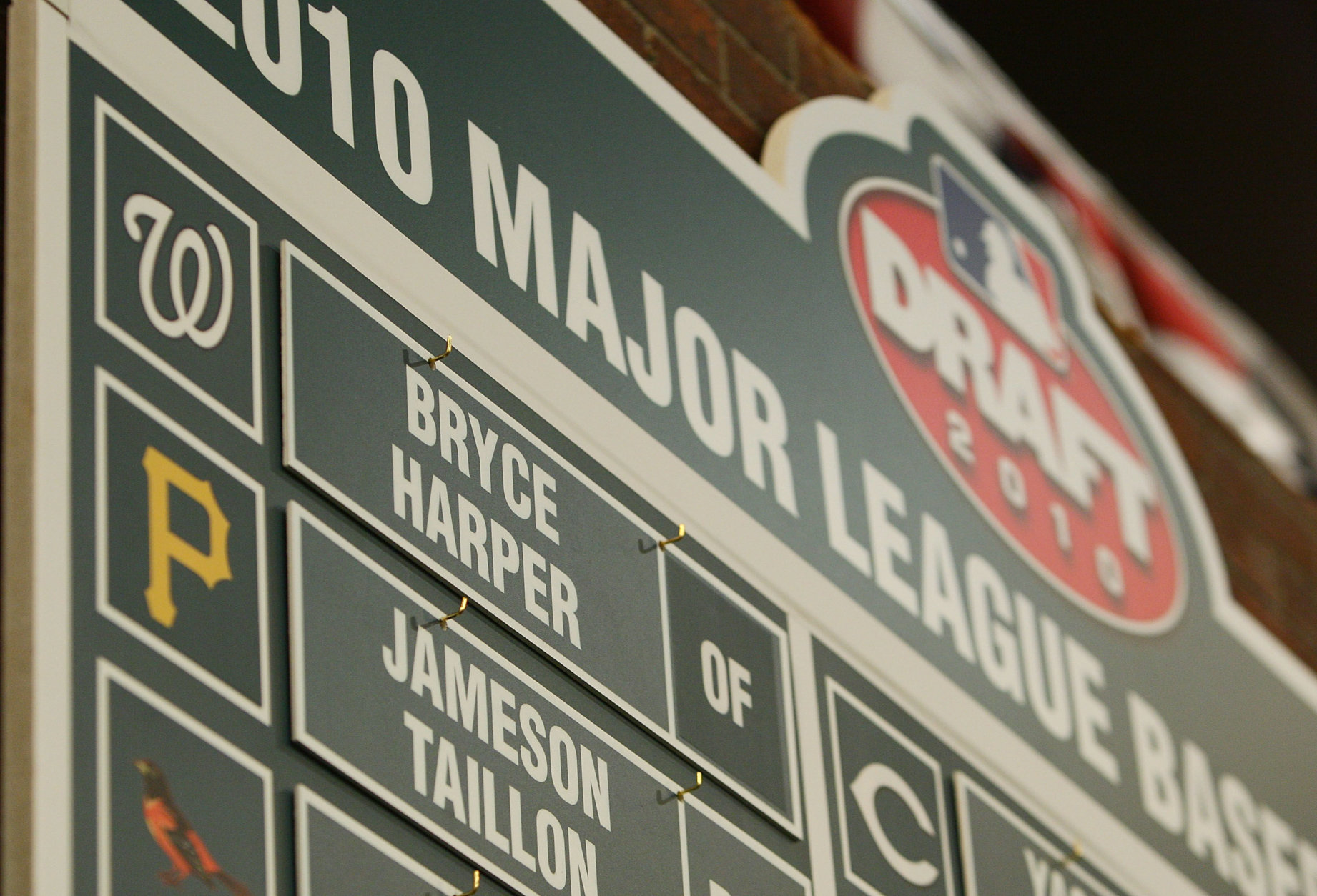 SECAUCUS, NJ - JUNE 07:  A detailed view of the first overall pick of the Washington Nationals Bryce Harper on the draft board during the MLB First Year Player Draft on June 7, 2010 held in Studio 42 at the MLB Network in Secaucus, New Jersey.  (Photo by Mike Stobe/Getty Images)