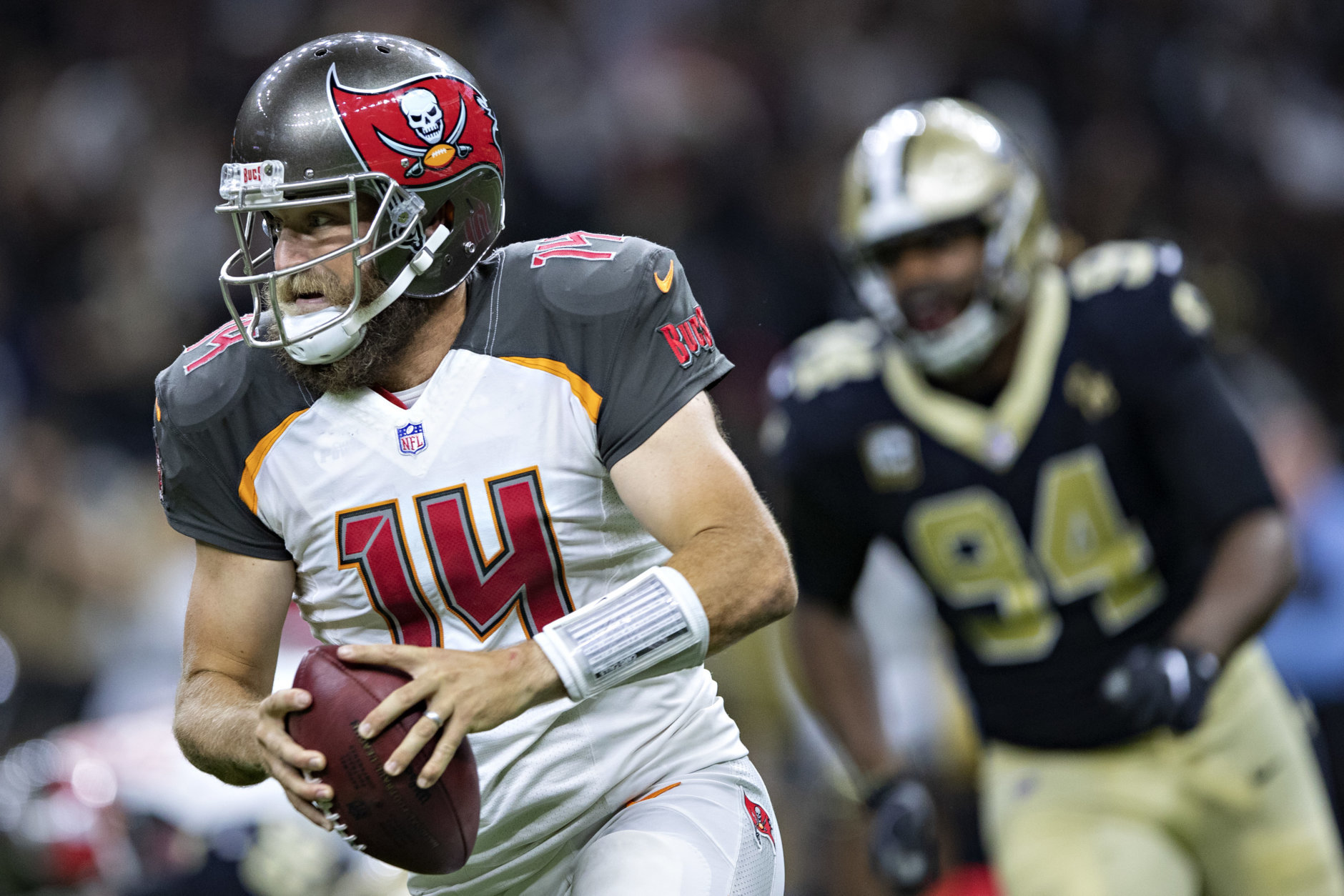 NEW ORLEANS, LA - SEPTEMBER 9:  Ryan Fitzpatrick #14 of the Tampa Bay Buccaneers runs the ball during a game against the New Orleans Saints at Mercedes-Benz Superdome on September 9, 2018 in New Orleans, Louisiana.  The Buccaneers defeated the Saints 48-40.  (Photo by Wesley Hitt/Getty Images)