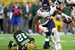 GREEN BAY, WI - SEPTEMBER 09:  Khalil Mack #52 of the Chicago Bears reacts after sacking Aaron Rodgers #12 during the second quarter of a game at Lambeau Field on September 9, 2018 in Green Bay, Wisconsin.  (Photo by Stacy Revere/Getty Images)