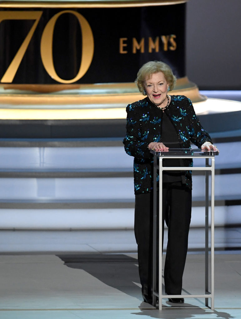 LOS ANGELES, CA - SEPTEMBER 17:  Betty White speaks onstage during the 70th Emmy Awards at Microsoft Theater on September 17, 2018 in Los Angeles, California.  (Photo by Kevin Winter/Getty Images)