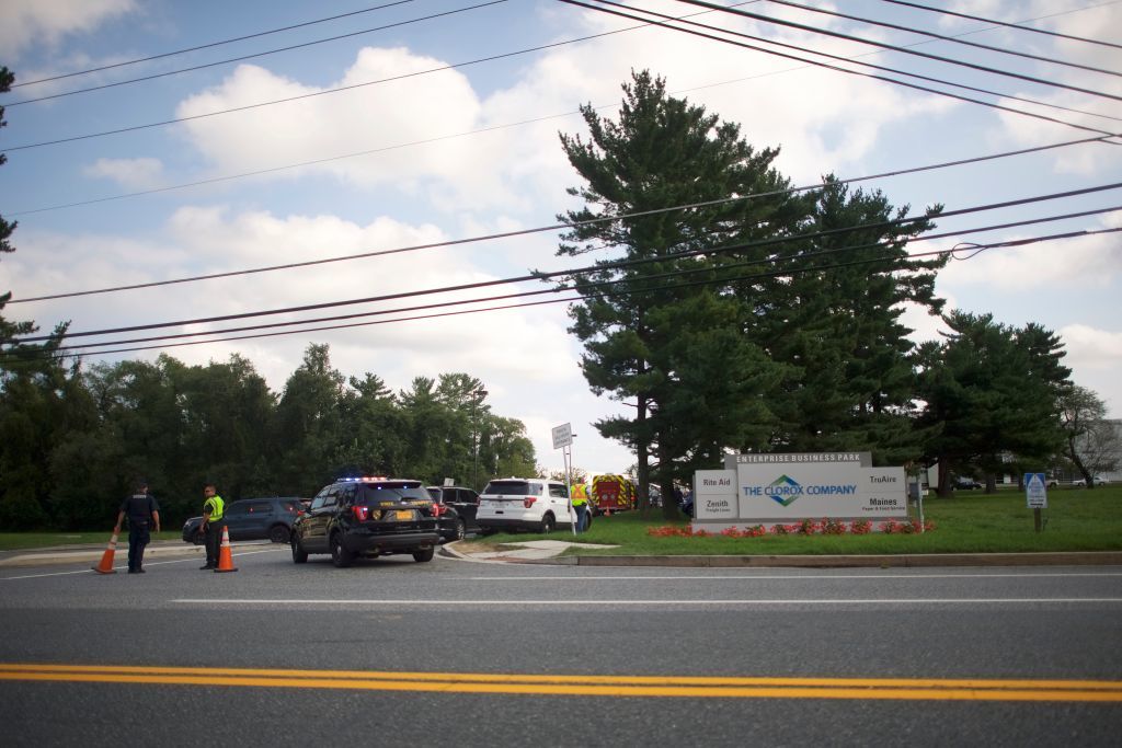 ABERDEEN, MD - SEPTEMBER 20:  Police barricade the entrance to a Rite Aid Distribution Center where multiple people were killed and injured in a shooting on September 20, 2018 in Aberdeen, Maryland. A woman opened fire at the distribution center killing three and wounding several others. The suspect, in critical condition, was taken into custody. (Photo by Mark Makela/Getty Images)