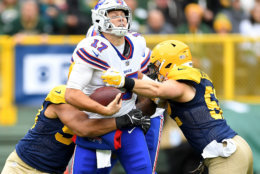 GREEN BAY, WI - SEPTEMBER 30:  Josh Allen #17 of the Buffalo Bills is sacked by Nick Perry #53 of the Green Bay Packers and Clay Matthews #52 during the second quarter of a game at Lambeau Field on September 30, 2018 in Green Bay, Wisconsin.  (Photo by Stacy Revere/Getty Images)