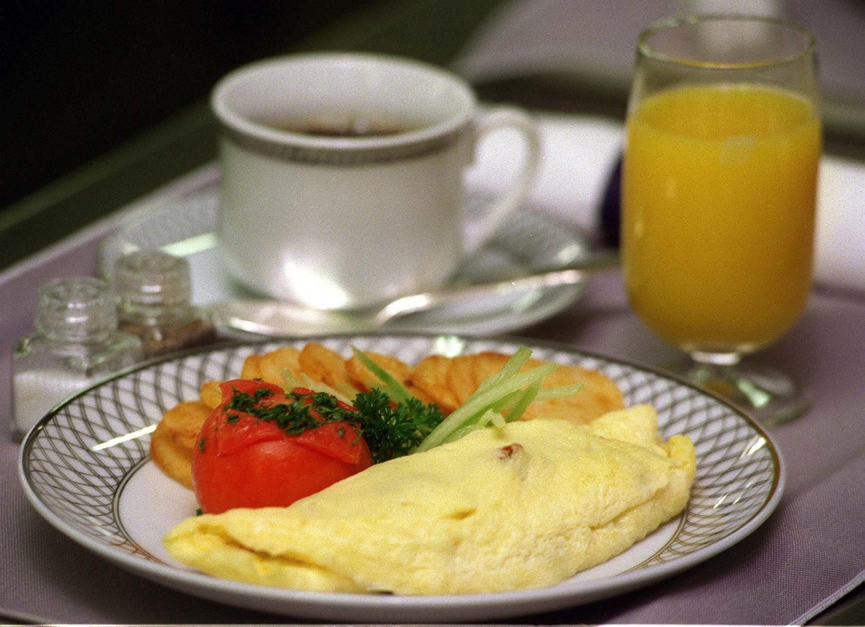 AUCKLAND, NEW ZEALAND - APRIL 29:  Pacific Catering,United Airlines first class menu Sausage,onion and pepper omelette.  (Photo by Phil Walter/Getty Images)