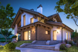 3d rendering of modern cozy house in chalet style with garage for sale or rent with many grass on lawn. Clear summer night with stars on the sky. Cozy warm light from window