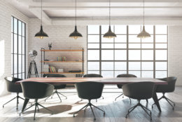 Modern white brick meeting room interior with equipment and sunlight. 3D Rendering