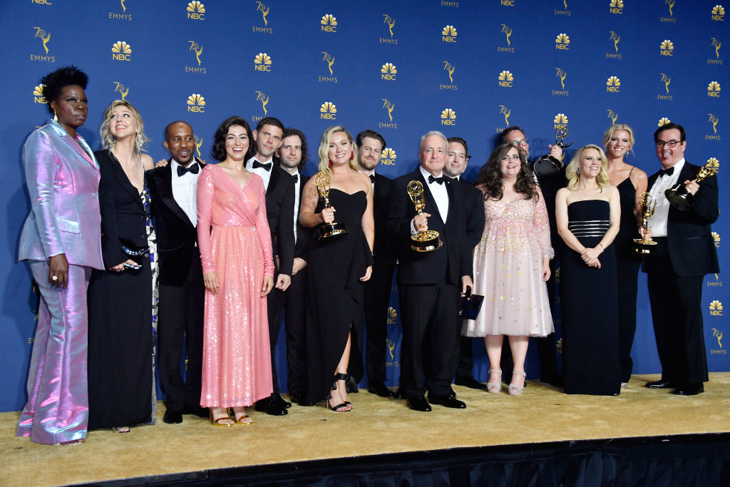 LOS ANGELES, CA - SEPTEMBER 17:  Cast and crew of Outstanding Variety Sketch Series winner Saturday Night Live pose in the press room during the 70th Emmy Awards at Microsoft Theater on September 17, 2018 in Los Angeles, California.  (Photo by Frazer Harrison/Getty Images)