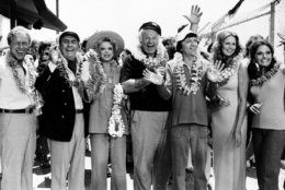 The cast of "Gilligan's Island" poses during filming of a two-hour reunion show, "The Return from Gilligan's Island," in Los Angeles, Ca., Oct. 2, 1978.  From left are, Russell Johnson, the professor; Jim Backus as Thurston Howell III; Natalie Schafer, Mrs. Howell III; Alan Hale Jr., the skipper; Bob Denver, as Gilligan; Judith Baldwin, as Ginger, the only new cast member; and Dawn Wells, as Mary Ann.  It is the first new episode since the series left the networks 11 years ago.  (AP Photo/Wally Fong)