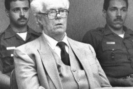 Howard Unruh, 68, sits impassively through a hearing in Camden, N.J., while seeking a transfer to the geriatric unit of Trenton Psychiatric Hospital from the hospital's intense treatment unit, July 26, 1989. Unruh, who gunned down 13 people in 1949, has been detained at psychiatric units for the criminally insane. (AP Photo/Pat Rogers)