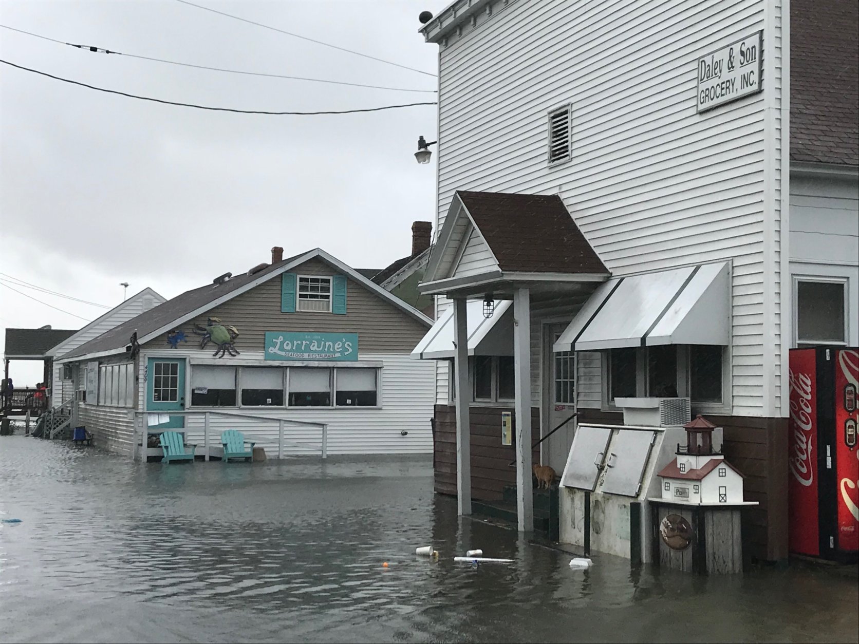 Flooding is not unusual on Tangier Island, which is only about 4 feet above sea level. Here, the front of a restaurant and a store are experiencing flooding on  Sunday, Sept. 9, 2018. (WTOP/Michelle Basch)