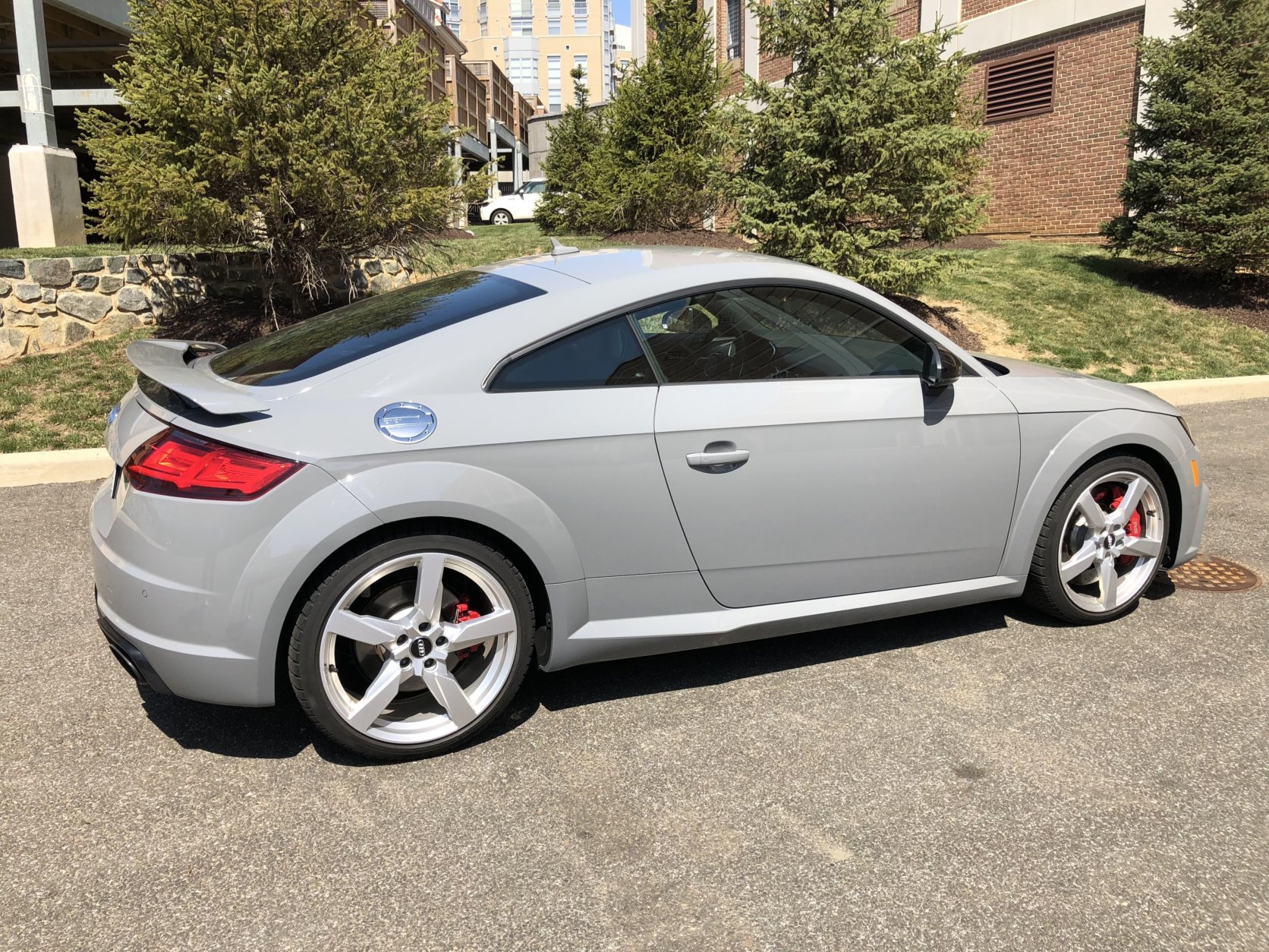 Large 19-inch wheels are standard for the Audi TT RS. You can also choose the 20-inch which tacks on $1,750 that also adds blacked-out mirrors and exterior trim.  (WTOP/Mike Parris)