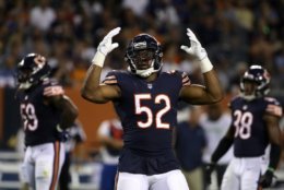 CHICAGO, IL - SEPTEMBER 17:  Khalil Mack #52 of the Chicago Bears reacts in the third quarter against the Seattle Seahawks at Soldier Field on September 17, 2018 in Chicago, Illinois.  (Photo by Jonathan Daniel/Getty Images)