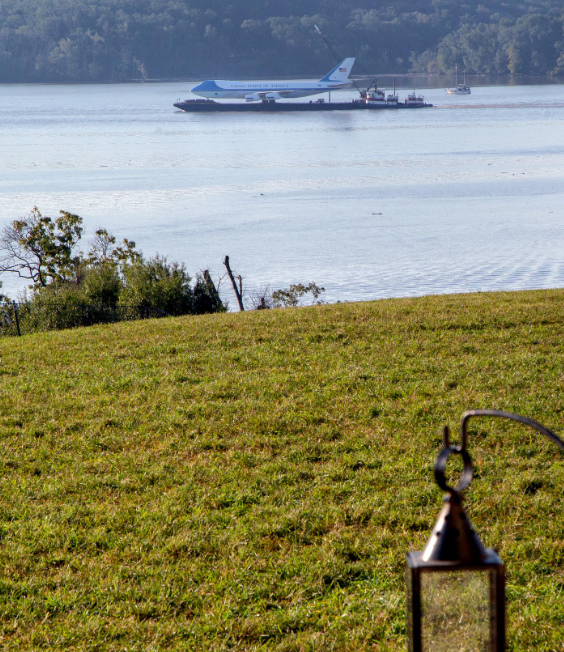 A full-size 747 replica of Air Force One makes its way along the Potomac River as seen from Mt. Vernon. (Courtesy)