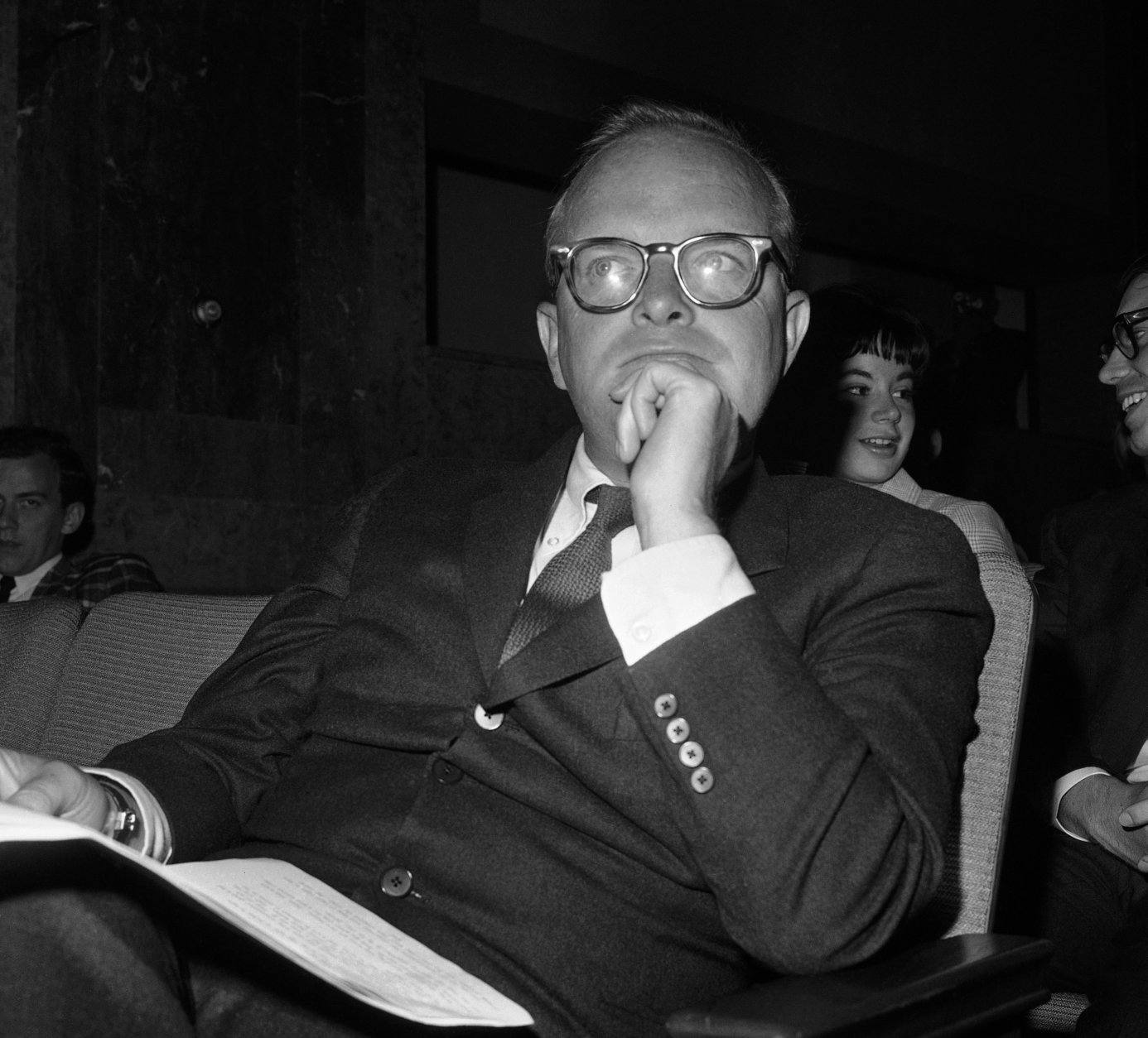 Truman Capote of New York City, author of the book "In Cold Blood", waits in the hearing room to testify before the Senate Subcommittee on Constitutional Amendments, July 21, 1961. (AP Photo/Henry Griffin)