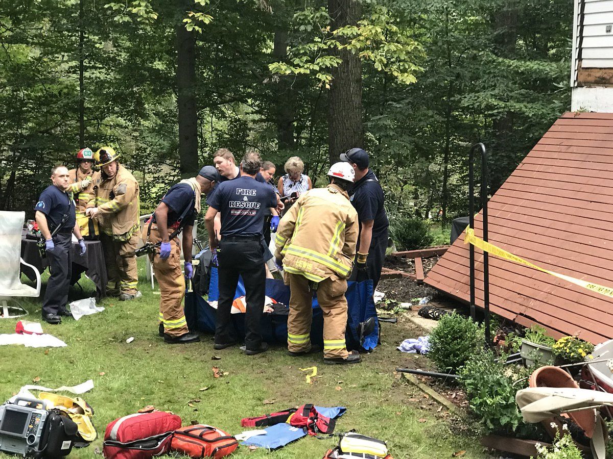 Eight people were transported to treat their injuries after a deck holding 20 people collapsed in Ellicott City, Maryland. (Courtesy Howard County Fire and EMS)