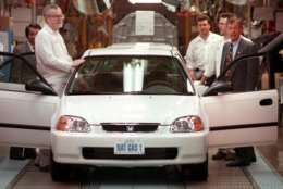 The 1998 Honda Civic is the most stolen car overall. Ohio Gov. George Voinovich, right, gets ready to step into a new natural-gas-powered Honda Civic GX in East Liberty, Ohio, Wednesday, April 8, 1998. Voinovich was invited to drive the first of the new cars off the line during a ceremony marking its entry into the North American market. The tailpipe carbon dioxide emissions of the Civic GX are 20 percent less than a gasoline-powered car, and other toxic emissions have been slashed to almost zero, the company said. (AP Photo/Chris Kasson)