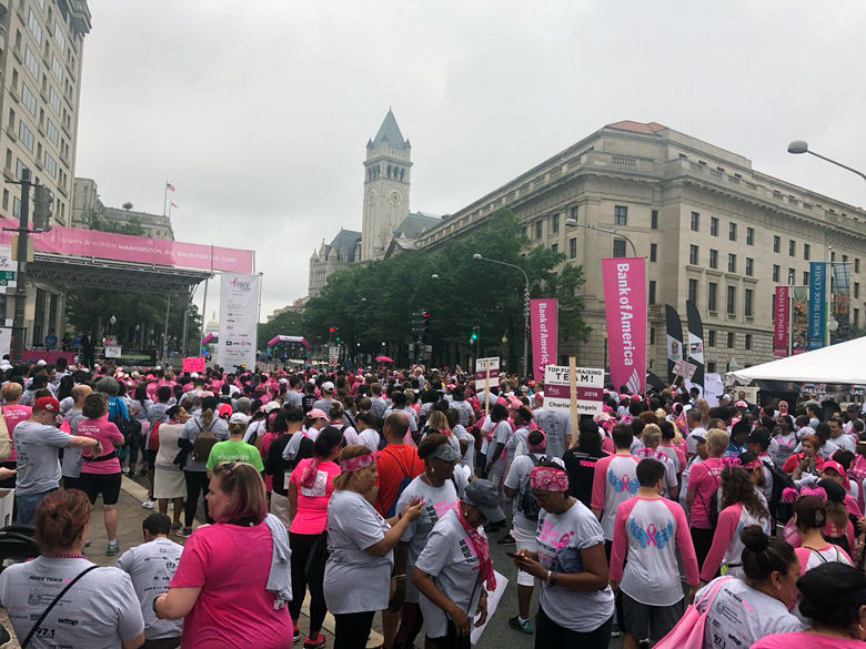 Walkers gather in Freedom Plaza for the Susan G. Komen Race for the cure. (WTOP/Melissa Howell)