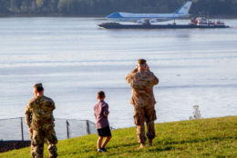 A full-size 747 replica of Air Force One makes its way along the Potomac River as seen from Mt. Vernon. (Courtesy)