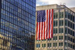A flag hangs in Rosslyn, Va. on the anniversary of the Sept. 11 terrorist attacks in Arlington and New York City. (Courtesy Rosslyn Business Improvement District)
