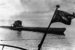 A new German U-boat returning from sea trials  on Oct. 27, 1943. (AP Photo)