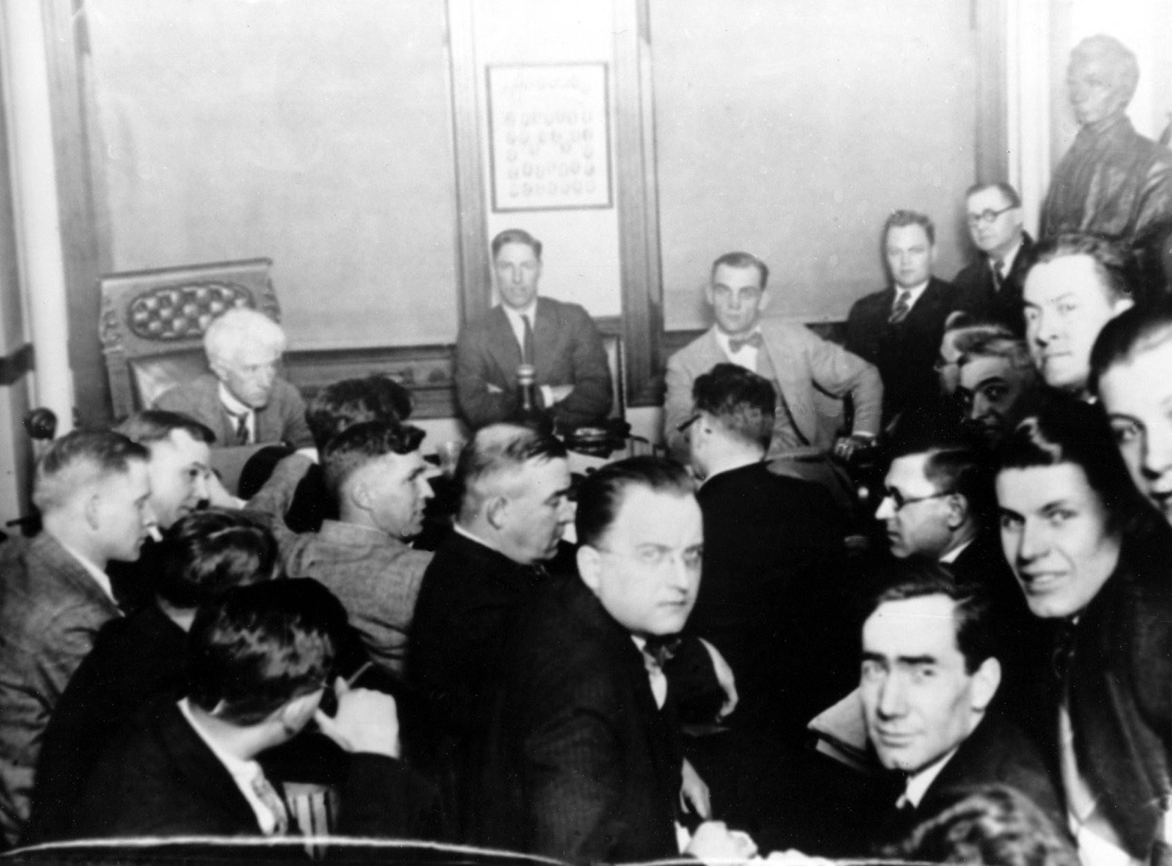 Judge Kenesaw Mountain Landis, rear left, inquires players of the Chicago White Sox, during the investigation of the infamous "Black Sox" scandal in Chicago, Ill., in 1921. Charles "Swede" Risberg, rear center, and Arnold "Chick" Gandil, next to Risberg, are two out of seven players who conspired to intentionally losing the World Series in return for bribes from professional gamblers. The incident rocked baseball and caused the introduction of Judge Landis as a baseball commissioner. Others are unidenified. (AP Photo)