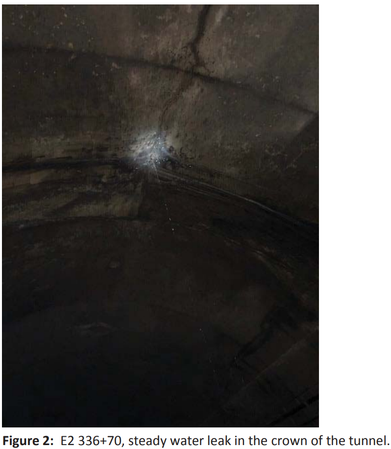 On the Green Line from Fort Totten to PG Plaza -- a water leak from the top of the tunnel. (Courtesy FTA) 