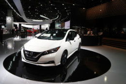 The 2018 Nissan Leaf is displayed at the North American International Auto Show, Tuesday, Jan. 16, 2018, in Detroit. (AP Photo/Carlos Osorio)