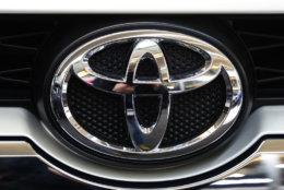 This is the Toyota logo on the grill of a 2018 Toyota 4Runner on display at the Pittsburgh Auto Show Thursday, Feb. 15, 2018. (AP Photo/Gene J. Puskar)