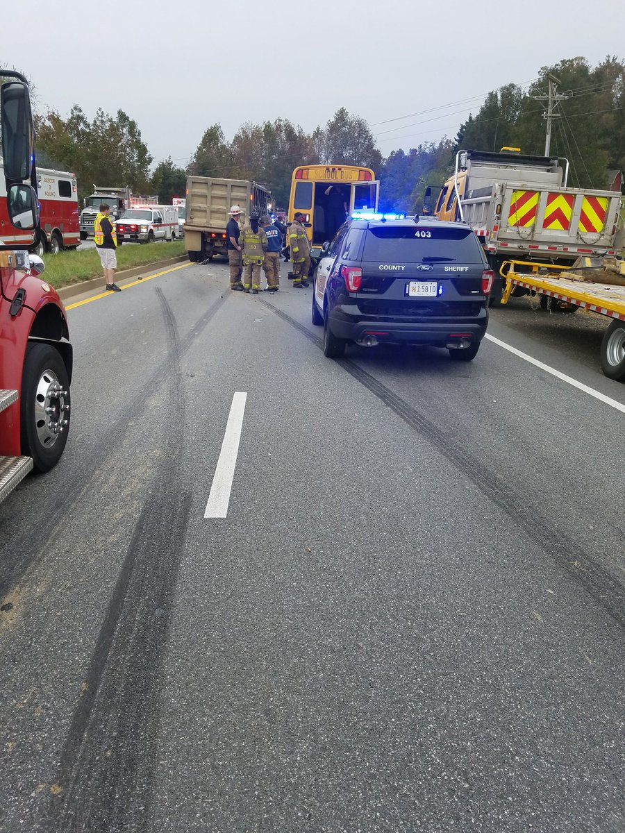 More than a dozen young students were sent to the hospital with minor injuries Friday morning after a crash involving a Cahrles County, Maryland, school bus and a dump truck. (Courtesy Charles County Volunteer Fire and EMS)