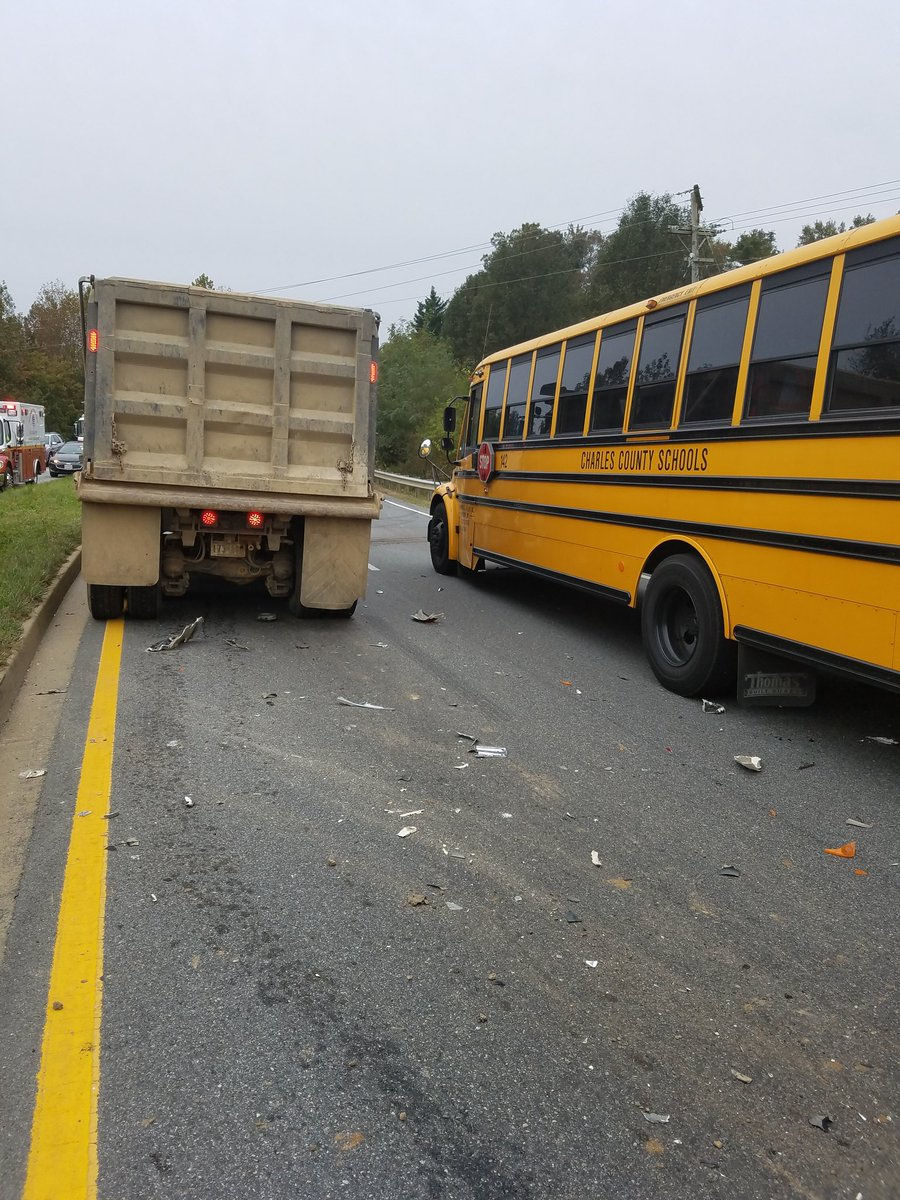 More than a dozen young students were sent to the hospital with minor injuries Friday morning after a crash involving a Cahrles County, Maryland, school bus and a dump truck. (Courtesy Charles County Volunteer Fire and EMS)