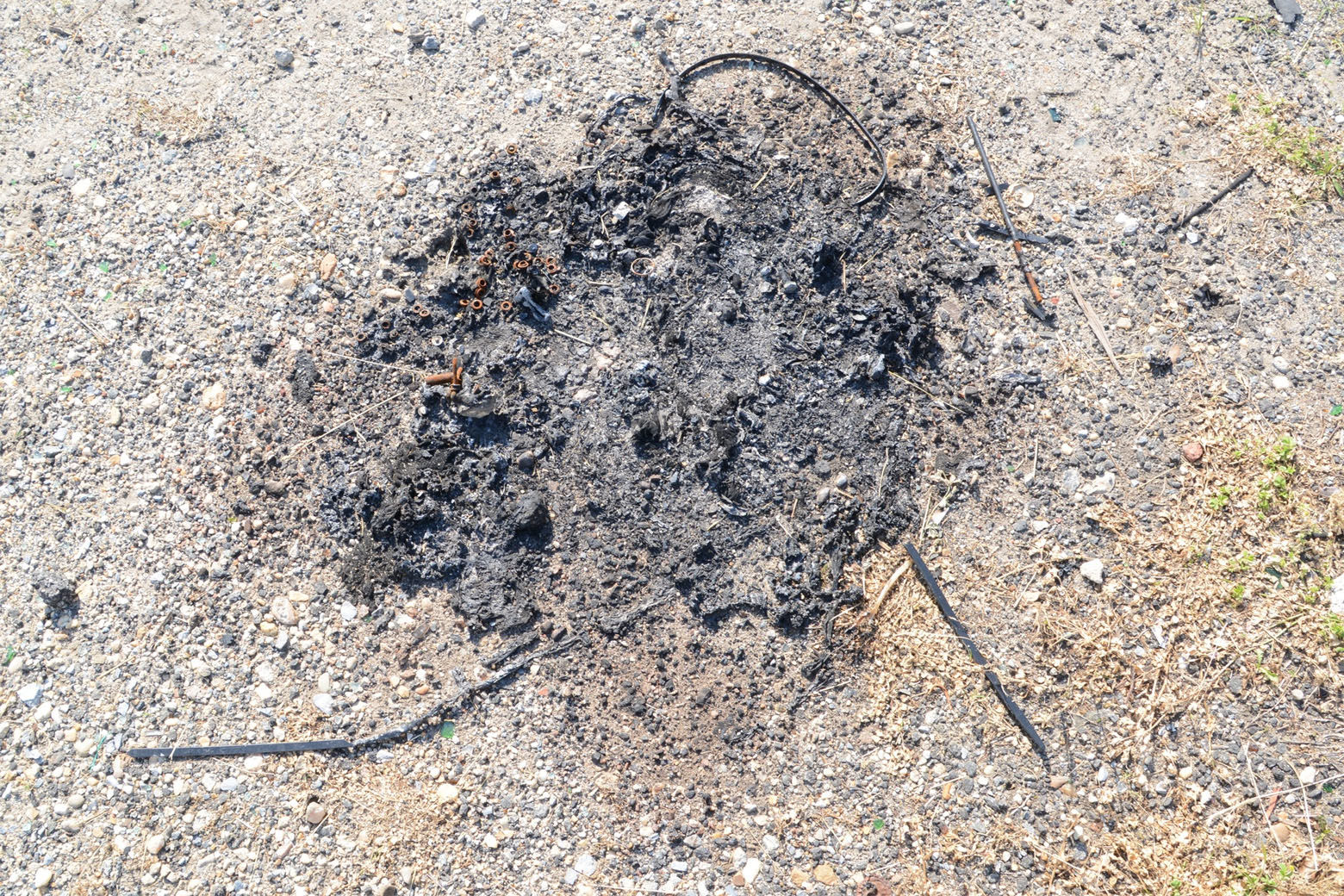 This pile of burned debris was found less than 100 yards from where Daron Wint's blue minivan was found burned in the middle of the night of May 16. Prosecutors argued the metal grommets in the pile of ash -- the rusty-burnt looking circular objects -- were from a drawstring backpack Wint was known to wear. Prosecutors suggested Wint may also have burned other evidence. (Courtesy U.S. Attorney's Office for D.C.)