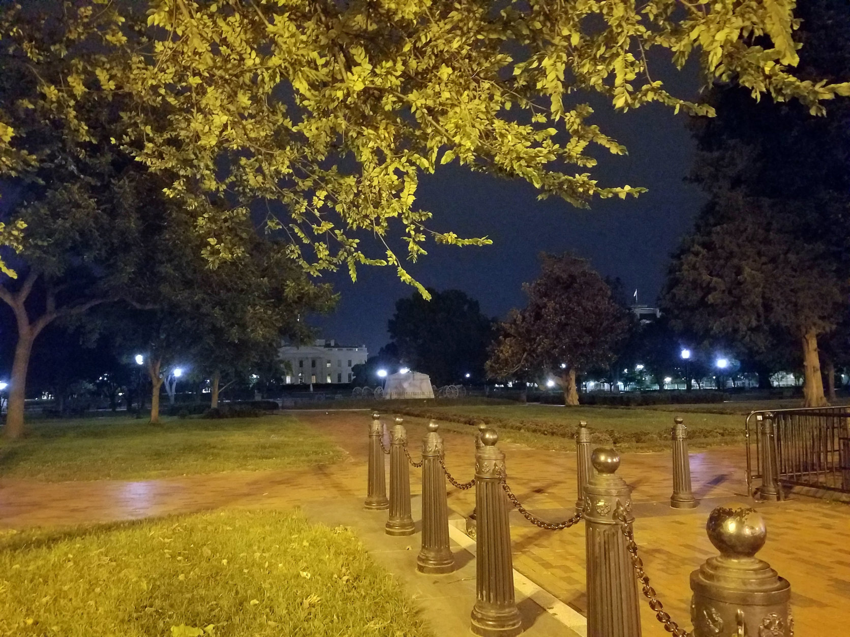 Lafayette Square Park in the wee hours of the morning, with the White House in the distance. (WTOP/Will Vitka)