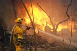An LA County firefighter works to douse flames on a two story house near  Porter Ranch in Los Angeles on Monday Oct. 13, 2008.  Two huge wildfires driven by strong Santa Ana winds threatened neighborhoods on the edges of the San Fernando Valley on Monday, killing one person, destroying several dozen mobile homes and forcing frantic evacuations. (AP Photo/Mike Meadows)