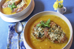 This Sept. 21, 2017 photo shows butternut squash and leek soup with gruyere pesto toast in New York. This dish is from a recipe by Sara Moulton. (Sara Moulton via AP)